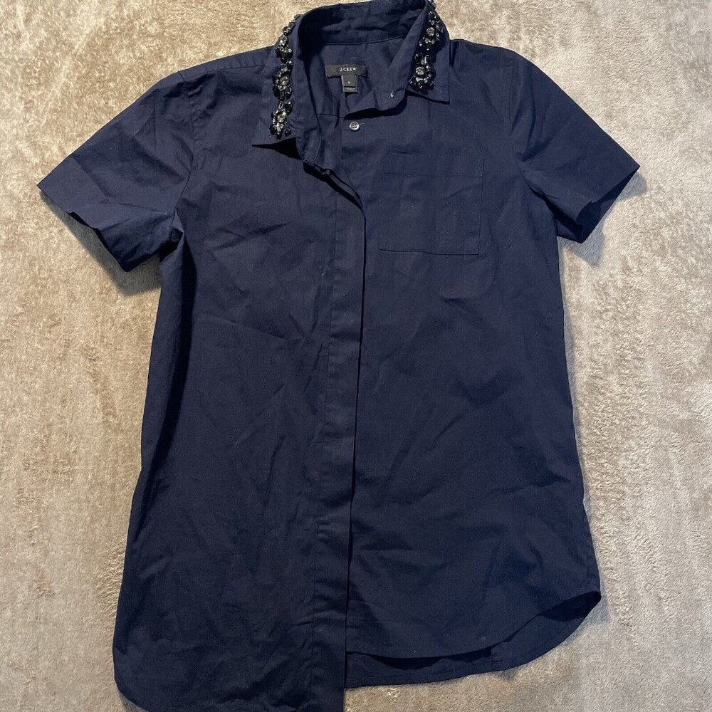 J Crew Button Up Shirt Womens 0 Navy Blue Collar Embellished Short Sleeve Top